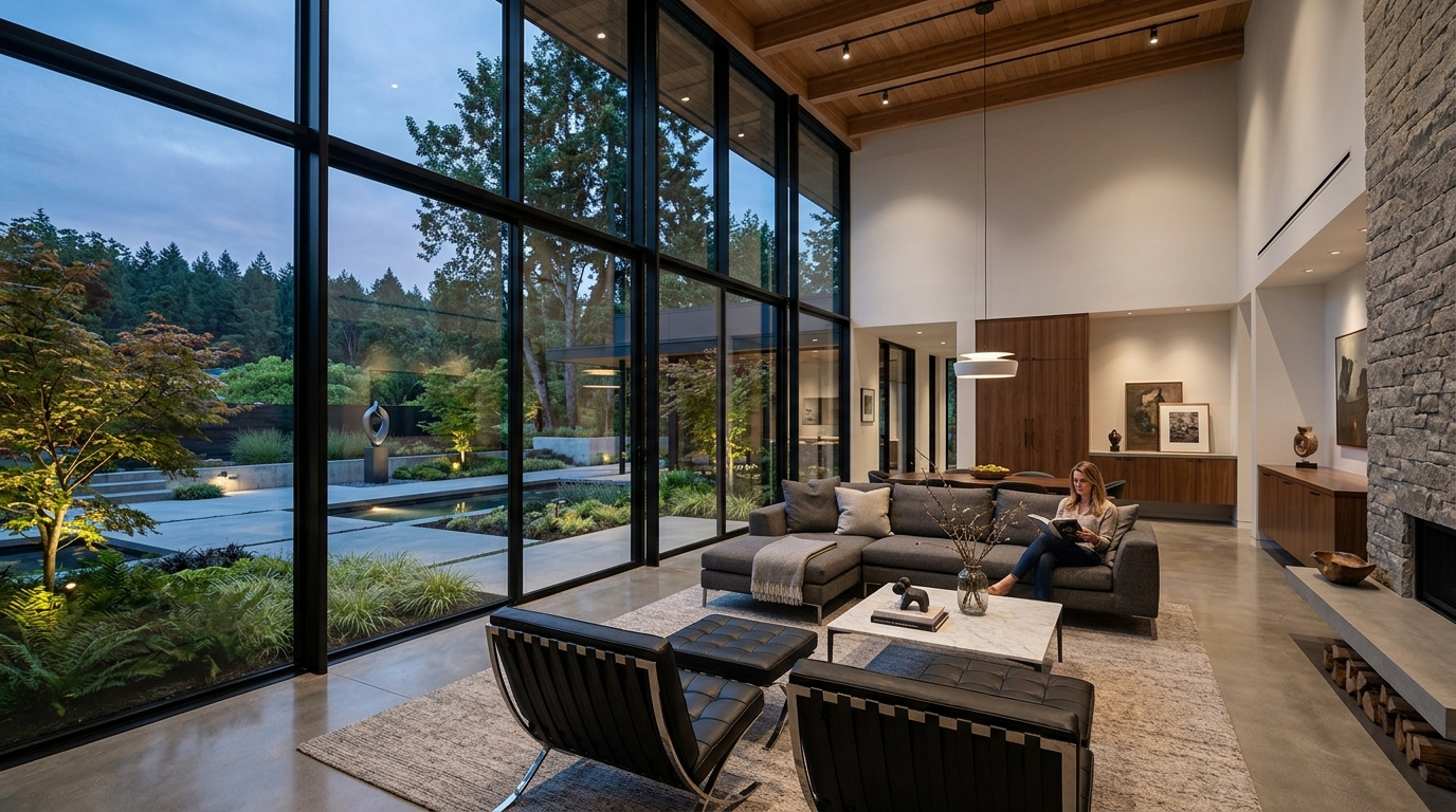 Luxury double height floor to ceiling glass windows in modern home