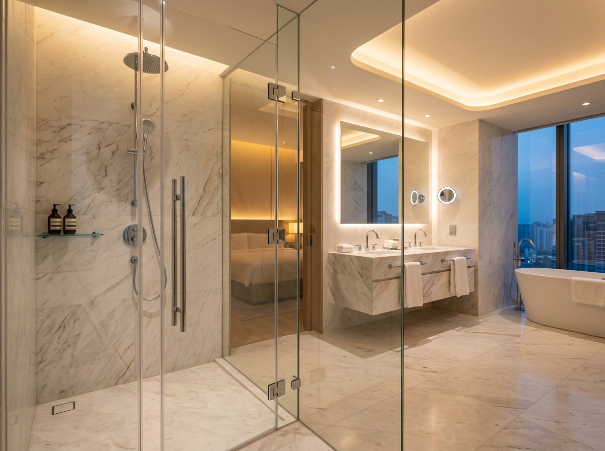 Frameless glass shower enclosure