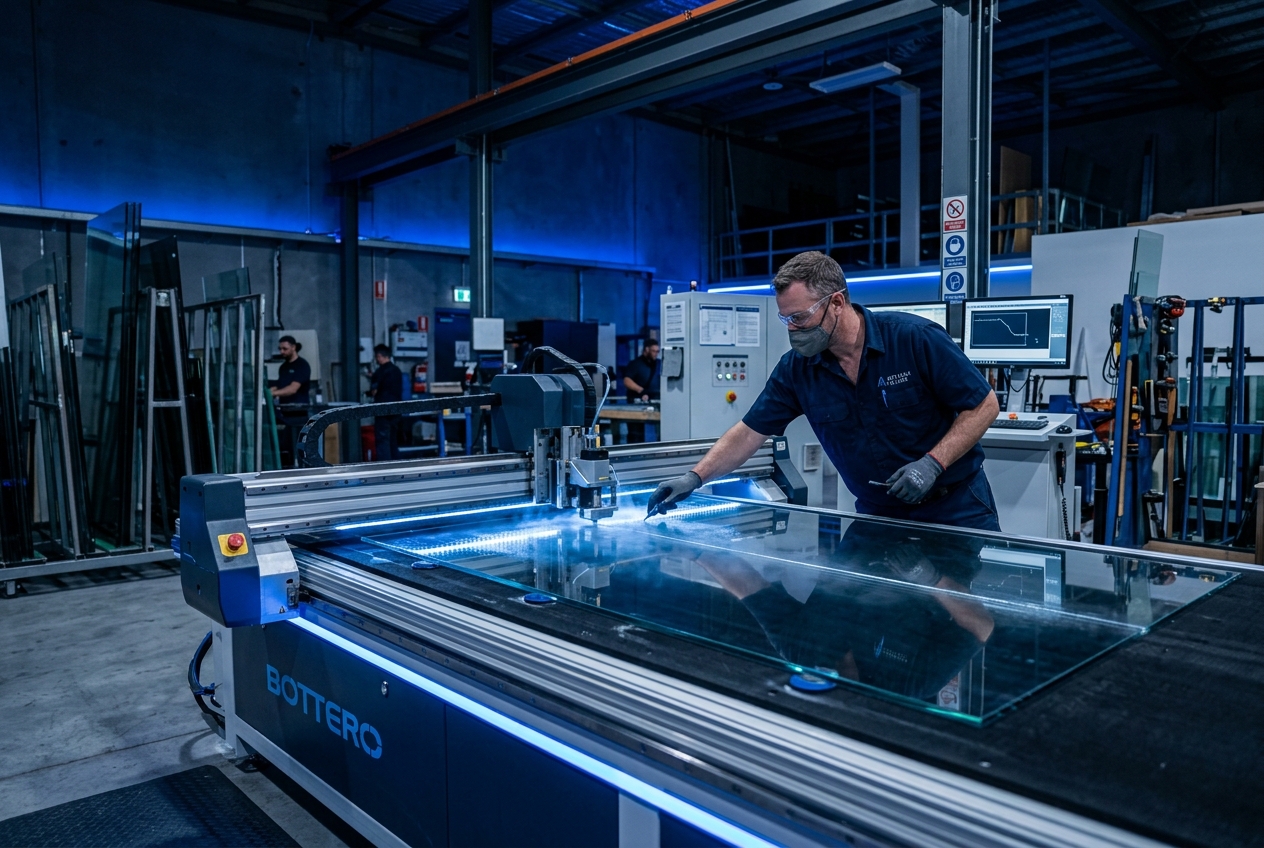 Professional glass cutting at Waqas Glass Solutions workshop