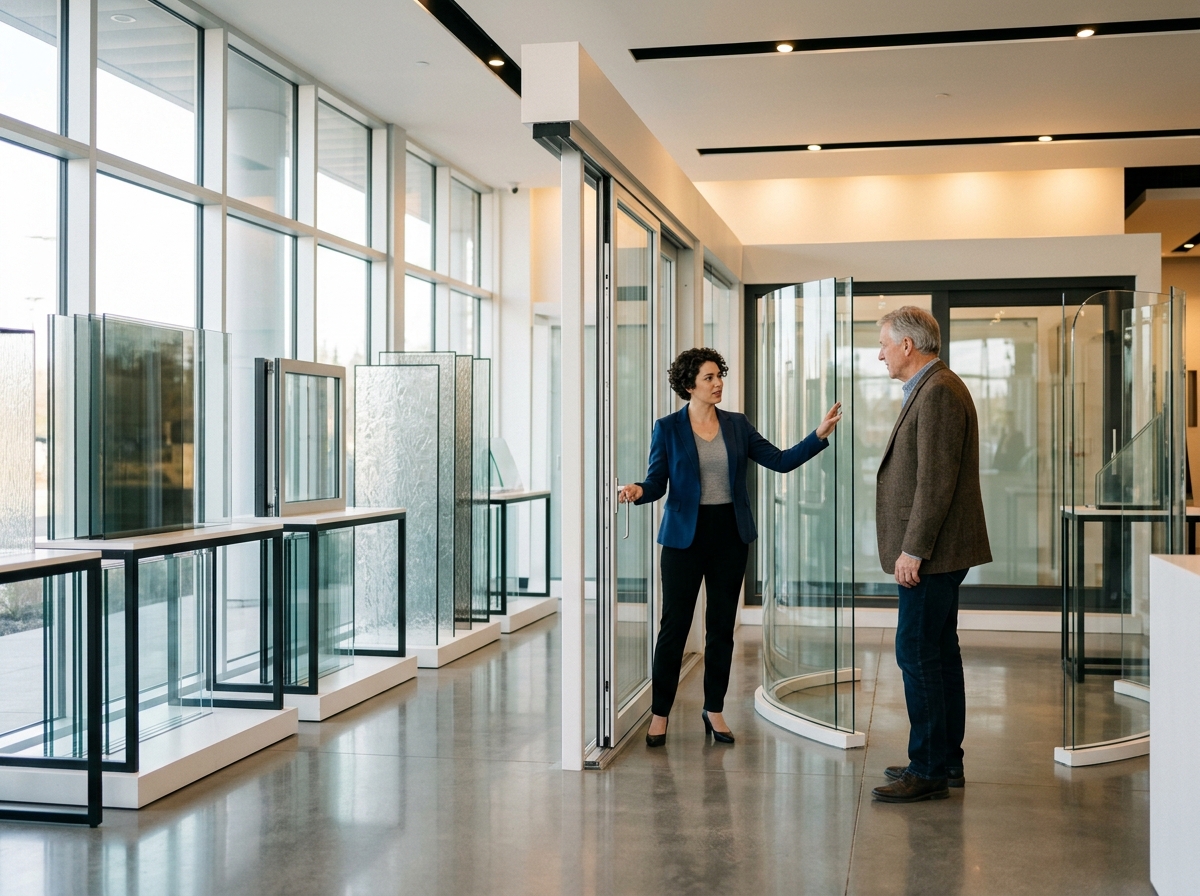 Glass consultant explaining glass options in modern showroom